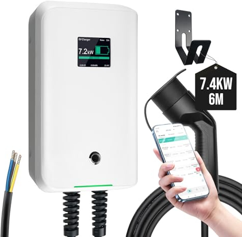 Morec 7.4KW Smart EV Charger Type 2 Tethered with 6M Cable, Wallmount Home Wallbox 6A-32A Electric Vehicle Charger, APP Control | IP66 Waterproof | Single Phase | White