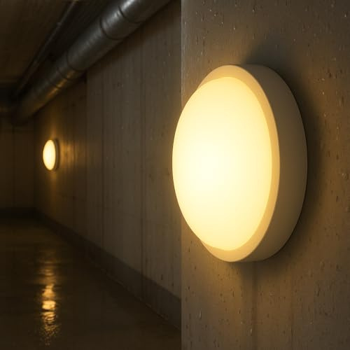 Braytron LED Feuchtraumleuchte 12 W, 1140 lm, IP54 Rund Wand- und Deckenleuchte, Weiß – Kellerlampe, Außenbeleuchtung, LED Lampe für Flur, Treppe, Garage, WC und Garten (Weiß, Rund, 3000 K)
