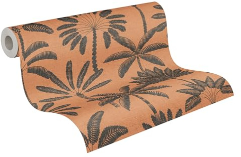 A.S. Création Palmenblatt-Vliestapete – Orange, Schwarz – 10,05 x 0,53 m | Florales Palmenblatt-Motivals Akzent – schimmernde Motivtapete im Metallic-Look, einfach zu verkleben & spurlos abziehbar