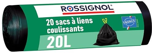 ROSSIGNOL Sacs-poubelle avec liens coulissants intégrés, 20L x 120 sacs, Lot de 6 rouleaux de sacs, Sacs résistants et étanches, Certifié Origine France Garantie BAGY