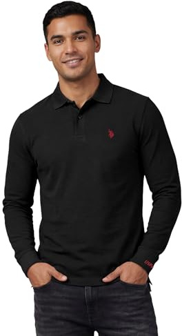 U.S. POLO ASSN. Herren Polo Shirt (S-3XL) Basic Langarm Polohemd Longsleeve Casual Oberteil P004 – Schwarz-Rot – Größe L