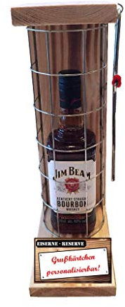 Personalisierte Geschenke für Männer Frauen Geschenkidee - Eiserne Reserve Gitter Text rot Jim Beam Whisky (1 x 0.70 l) incl. Notsäge - Papa Mama Geburtstag Hochzeit