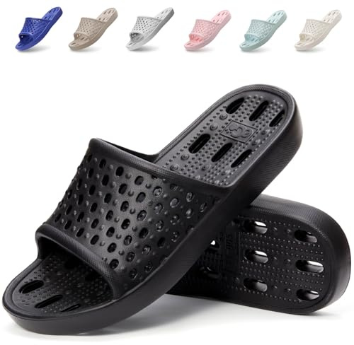 Xomiboe Shower Shoes Men Bathroom Slippers Non Slip Shower Sandals Slides Flip Flops Women House Quick Drying Rubber Plastic Bath Pool Travel Hotel Anti (Black,EU42-43)