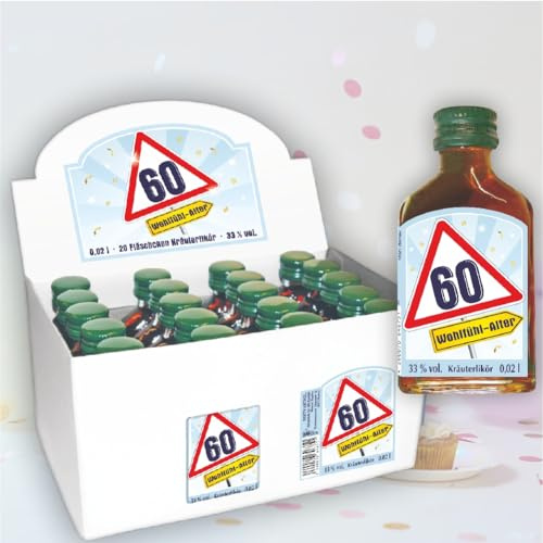 AV Andrea Verlag 20er Box Kräuterlikör Schnaps - Zum 60. Geburtstag - 2cl, 33% vol. Männergeschenk Scherzartikel | Geschenk mit Zahlen zum runden