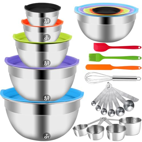 WEPSEN Mixing Bowls with Lid Set, 25PCS Kitchen Utensils Metal Bowl Stainless Steel Nesting Bowls, Measuring Cups and Spoons, Egg Whisk for Baking Prepping Cooking Serving Supplies