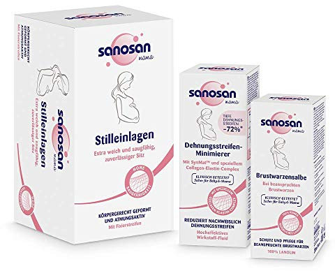 sanosan Schwangerschafts Pflege Set - Stilleinlagen, Brustwarzensalbe & Dehnungsstreifen Minimierer Set ideal für die Schwangerschaft & Stillzeit - Stilleinlage, Lanolin Salbe & Dehnungstreifen Creme