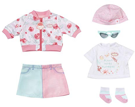 Baby Annabell Deluxe Frühling Outfit, Puppenkleidung Set bestehend aus rosa Puppenjacke, Rock, Mütze, weißem Shirt, Sonnenbrille und Socken für 43 cm Puppen, 705957 Zapf Creation