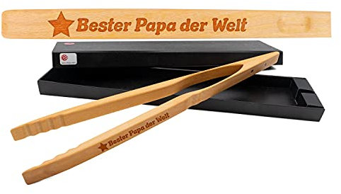 Zetzsche Design-Grillzange mit Gravur 'Bester Papa der Welt' inkl. Geschenkverpackung, Geschenk zum Vatertag oder Geburtstag, Holzzange Greta perfekt zum Grillen, Raclette oder Küche, 46 cm