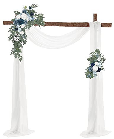 BestAlice Künstliches Hochzeitsbogen-Blumen-Set, 3 Stück, 2 künstliche Blumengirlanden mit 1 weißem Drapierstoff für Hintergrunddekoration, Weiß / Blau