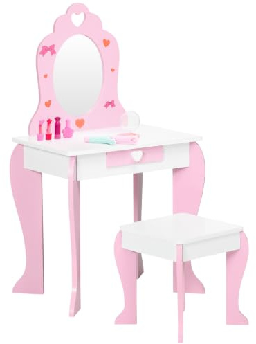 ZONEKIZ Kids Dressing Table with Mirror and Stool for Ages 3-6 Years Pink | Vanity Set, Love Heart and Bow Design, Girl Makeup Desk with Drawer