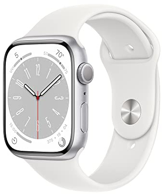 Apple Watch Series 8 (GPS, 45MM) Silver Aluminum Case with White Sport Band, M/L (Renewed Premium)