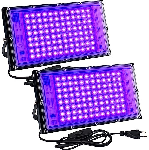 Lumiere Noire Led 100W, Indmird Lot de 2 Projecteur Led UV Extérieur 395-400nm Lumière Noire Ultraviolet IP65 Etanche Lampe led Ultra Violet pour Soiree Fluo, Body Painting, Bar, Aquarium, Halloween