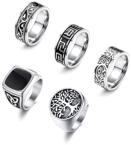 Kakonia 5 pièces Bague en Acier Inoxydable pour Hommes Set Bague de Signet Grec Pouce Argent Rétro Sculpture Celtique Bague de Bande Vintage Biker Set 74.8 (23.8)