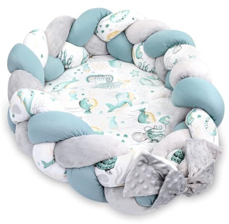 Babynest Neugeborene Nestchen Baby 75 x 45 cm – Plüschstoff Kuschelnest mit Zopf Kissen zerlegbares Set zweiseitig Babynestchen Babybett Wassertiere Farbton B