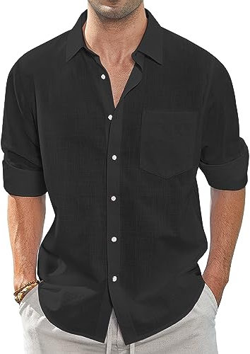 J.VER Men's Black Linen Cotton Shirts Long Sleeve Regular Fit Casual Solid Lightweight Summer Beach Shirt with Pocket XL
