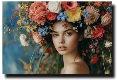 daazoo Leinwandbild Flower Crown Beauty 60 x 90 cm (AUFHÄNGFERTIG) – Sinnliche Eleganz für Wohnzimmer und Schlafzimmer – Modernes Deko-Highlight – Frau mit Blumenkopf