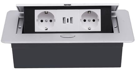 Einbausteckdose, 16A 250V Tischplatte Versteckt Steckdose, Tischsteckdose mit 2 Steckdosen & 2 USB Anschlüssen TypeC 3.1A Connection Box (Silber)