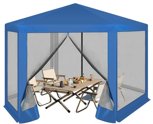 WOLTU Tonnelle de Jardin Extérieur, avec Moustiquaire, Pergola Jardin Extérieur, Tente de Réception, avec Parois Latérales en Maille, Barnum 3,8 x 3,3 m, Hexagone, Bleu