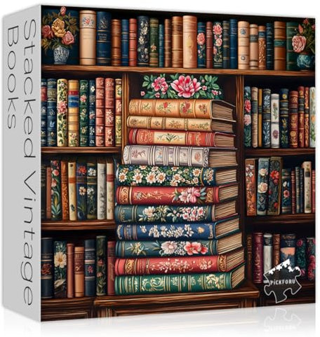 PICKFORU Vintage Bookshelf Puzzles for Adults, 1000 Pieces, Book Flower Jigsaw Puzzle, Retro Aesthetic, Difficult, Expert Level, 23.85 x 23.85 inches