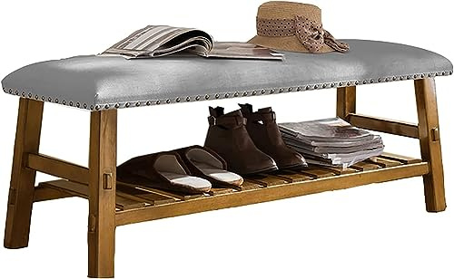 Schuhbank aus Holz mit Retro-Schnalle, Eingangsbereich, Aufbewahrung, Polsterbett, Endbank, Schuhregal für den Einstieg, stilvolle Schuhaufbewahrungslösung, platzsparend, Heimpelz