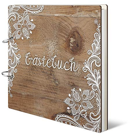 Hochzeit Gästebuch Holzcover - Rustikal Motiv - Quadratisch, 215x215mm, 72 Blatt / 144 Naturpapier Innenseiten, Ringbindung, die sich öffnen lässt