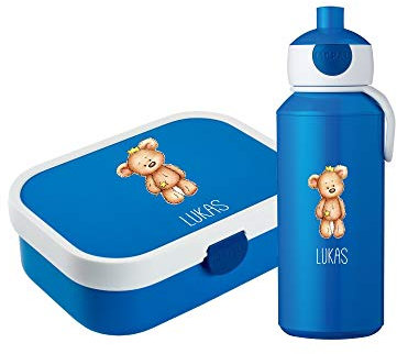 4youDesign Set: Blaue Brotdose & Trinkflasche für Kinder -BÄR mit Krone- personalisiert mit Namen – inkl. Bento Box, Gabel & Pop-Up Flasche, Einschulung (Blau)
