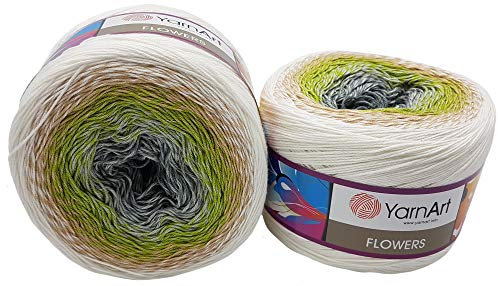 YarnArt Flowers 500 Gramm Bobbel Wolle Farbverlauf, 55% Baumwolle, Bobble Strickwolle Mehrfarbig (weiß beige grün grau 274)
