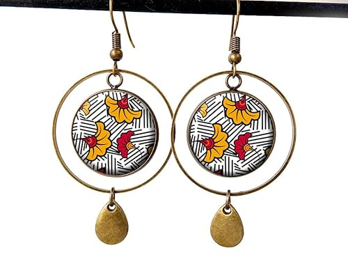 Boucles d'oreilles wax jaune et rouge Afrique ethnique tendance cadeau bijou femme