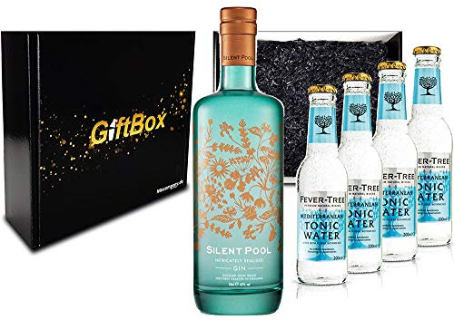 Mixcompany Gin Tonic Giftbox Geschenkset - Silent Pool Gin 0,7L 700ml (43% Vol) + 4x Fever-Tree Mediterranean Tonic Water 0,2 MEHRWEG inkl. Pfand Gin Tonic Bar- [Enthält Sulfite]