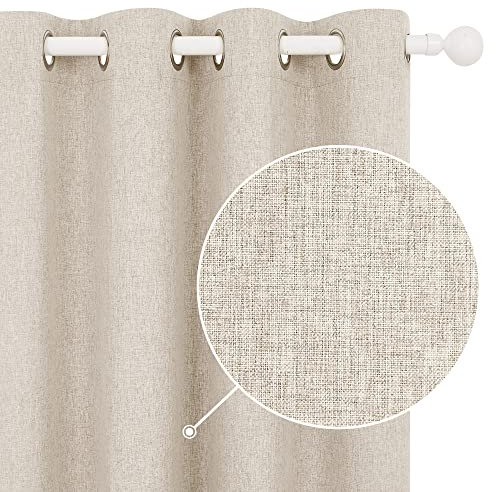 Deconovo 100% Blackout Curtains Faux Linen Thermal Insulated Eyelet Curtains for Living Room W52 x L63 Inch Pale Khaki One Pair