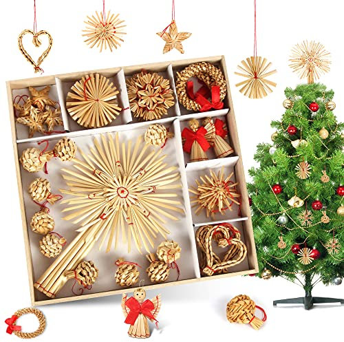 Strohsterne Christbaumschmuck,36-teiliges Weihnachtsbaumschmuck aus Stroh,Natürlicher strohstern Christbaum-Behang,Weihnachstbaum Schmuck Set,Enthalten Christbaumspitze Strohstern