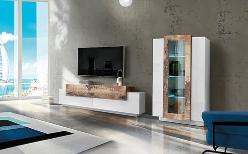 Dmora - Parete attrezzata Mirko, Set salotto porta TV, Mobile soggiorno multiuso, 100% Made in Italy, cm 280x45h121, Bianco lucido e Acero