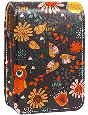 Lippenstift-Etui mit Spiegel, Cartoon-Eulen, Lipgloss-Halter, tragbare Lippenstift-Aufbewahrungsbox, Reise-Make-up-Tasche, Mini-Leder-Kosmetiktasche für 3 Lippenstifte, Mehrfarbig, 9.5x2x7