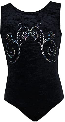 Mädchen Kurzarm Gymnastikanzug aus Stretch Velvet blickdichter Kinder Turnanzug mit Rundhals Samt & Hexagon-Pailletten Turnbody Gymnastiktrikot Turntrikot, Größe:128, Farbe: SCHWARZ CRASH KOREA