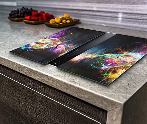 Hob Cover Induction Electric Cooker Chopping Board Glass Set 2, Abstract (2X Wide 30 x Height 52 /cm)