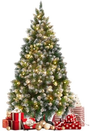 LARS360 Árbol de Navidad artificial de 180 cm, con iluminación, árbol de Navidad, PVC, verde con efecto nieve, con piñas de pino, decoración de Navidad con soporte de metal