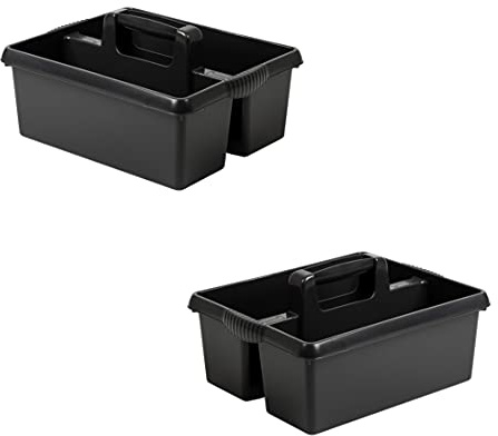 (Set of 2) Large Cleaning Caddy with Handles Plastic Caddy Tidy Organiser Cleaners Carry All Tote Tray Basket with Multi Compartment Cleaning Tool Utility for Kitchen Sink Bathroom (Black)