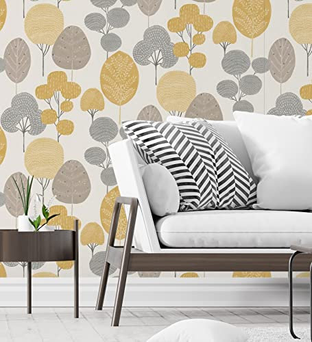 GAULAN 680924 Papier peint lessivable arbres dans la fôret nordique gris et moutarde pour mur salon chambre salle à mange tête de lit - Rouleaux de 10 m x 0,53 m