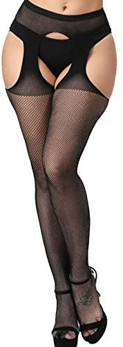 WLLHYF High Waist Fishnet Tights Women's Pantyhose Thigh High Stockings Suspender Pantyhose Stocking Black, Black, One size