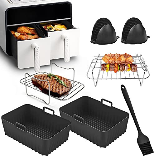 Air Fryer Accessories for Ninja Dual AF451UK AF400UK AF300UK AF500UK Tower T17088, 2 Pcs Silicone Reusable Liners, 2 Pcs Air Fryer Racks with 4 Skewers, Silicone Gloves & Silicone Brush