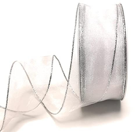 s.dekoda Schleifenband Organza 25m x 40mm Weiß - Silber Organzaband mit Drahteinlagen [1519]