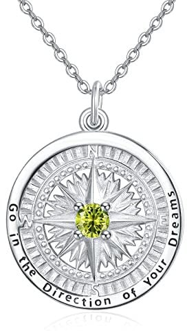 KINGWHYTE Kompass-Halskette mit Geburtsstein-Anhänger aus 925 Sterling Silber, Gehen Sie in die Richtung Ihres Traums, Kompass-Schmuck, Abschlussgeschenke für Frauen, Ehefrau, Freundin(August)