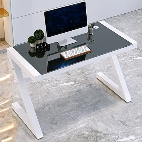 FAANAS Escritorio de Cristal Templado con Marco de Metal en Forma de Z, Escritorio Moderno para Oficina en casa Escritorio para Estudio Escritorio Negro Multifuncional, 47 Inch
