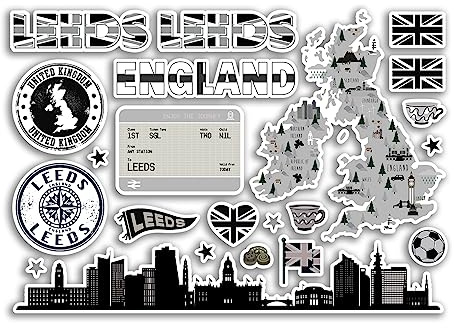 A5 Sticker Sheet Leeds Landmarks Vinyl Stickers - Black White Stamps Skyline Flag Map Travel Holiday City UK GB England Aesthetic #80572