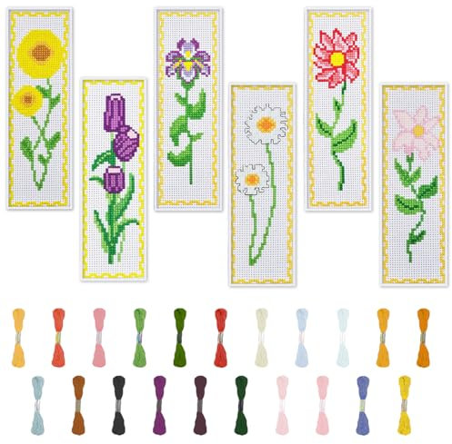 FREEBLOSS 6 Satz Stickerei Set Kreuzstich Set Kreuzstich Lesezeichen Stickerei Set Anfänger Kreuzstich Set Lesezeichen Blümchenmuster Cross Stitch Set mit Anleitung 6x20cm