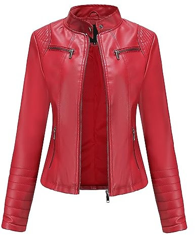 Veste pour femme en cuir PU mince avec col montant léger et fermeture éclair pour femme, rouge, XL