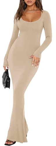 REORIA Womens Sexy Casual Scoop Square Neck Long Sleeve Soft Lounge Long Dress Fall Wedding Guest Elegant Ribbed Bodycon Maxi Dresses Khaki X-Small
