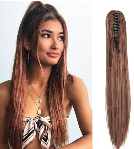 Dcbaboo Ponytail Extension Pferdeschwanz Haarteil Zopf Extension mit Klammer Gerade Lang Haarverlängerung Zopf Clip Synthetik Glatt Pferdeschwanz Haarextension, 50cm Dunkel Auburn