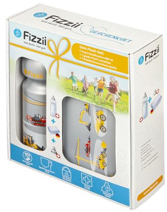 Fizzii Geschenkset Pausenset Baustelle (Trinkflasche 600ml + Lunchbox + Ersatztrinkverschluss, im hochwertigen Geschenkkarton)
