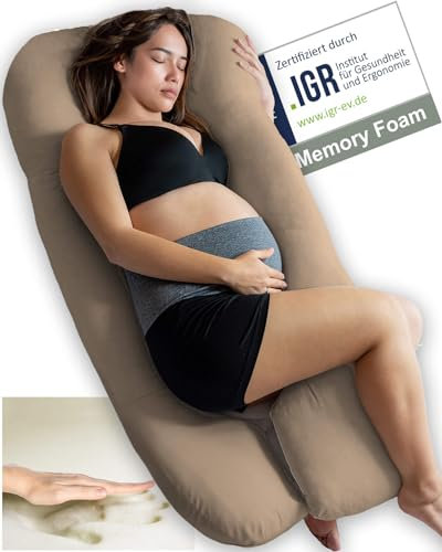 Traumreiter Seitenschläferkissen Visco Comfort M mit Bezug Braun, Hybrid Kissen + 1cm Memory Foam, U Form Schwangerschaftskissen Gel Body Pillow Komfortkissen Erwachsene, Ergonomie Zertifiziert